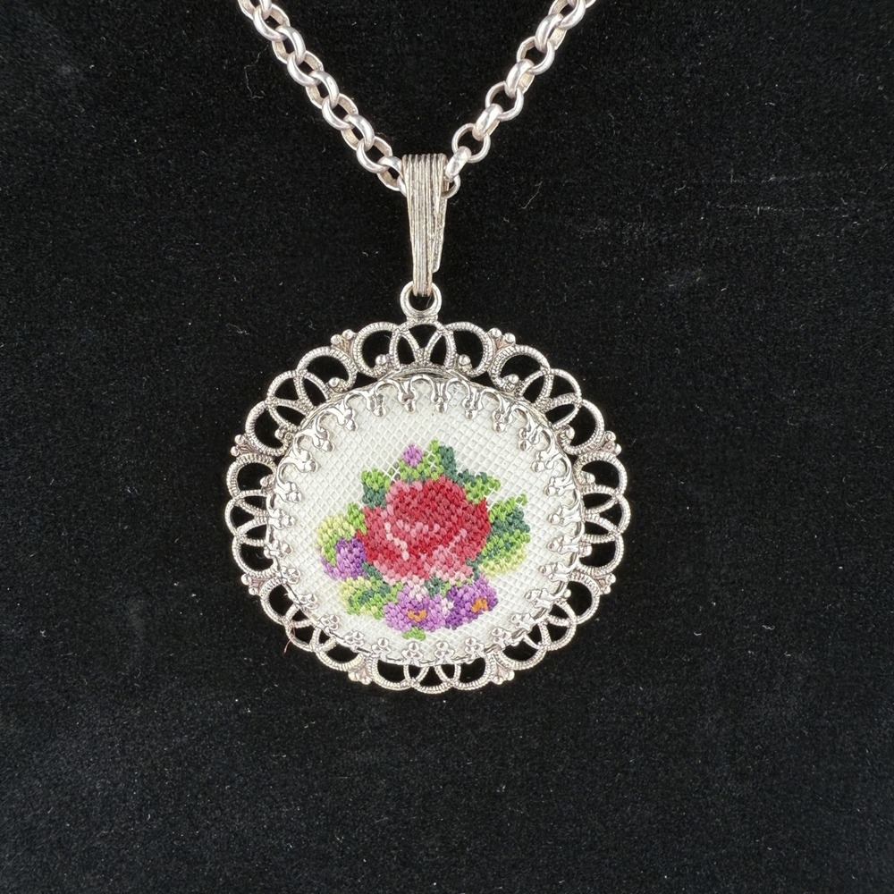 Vintage 1950s Micro Needlepoint Pendant on‎ Silver Toned Chain Floral Pink Green